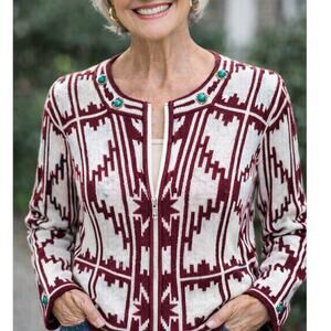 Storybook Knit Aztec Turquoise Cardigan Sweater Large Zip Front Knit Sweater